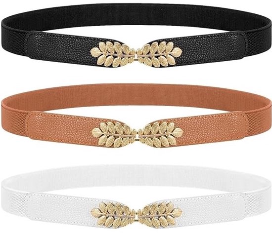 Ultiluxe® Elastische tailleriemen - 3 stuks - Zwart/bruin/wit - Riemen voor dames - Rekbaar - Met gouden detail - Dunne tailleriem - Goud blad motief - Jurk accessoire - Taille ceintuur voor vrouwen - Veel stretch