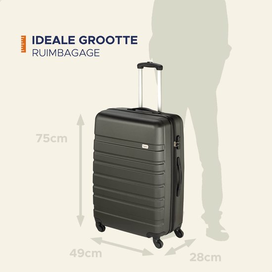 Antracietkleurige koffer (75x49x28cm) naast een staande figuur, ideale grootte voor ruimbagage.