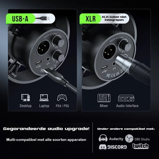 Arrière d'un microphone noir avec connexions USB-A et XLR, compatible avec bureau, ordinateur portable, PS4/PS5, mixeur et interface audio.