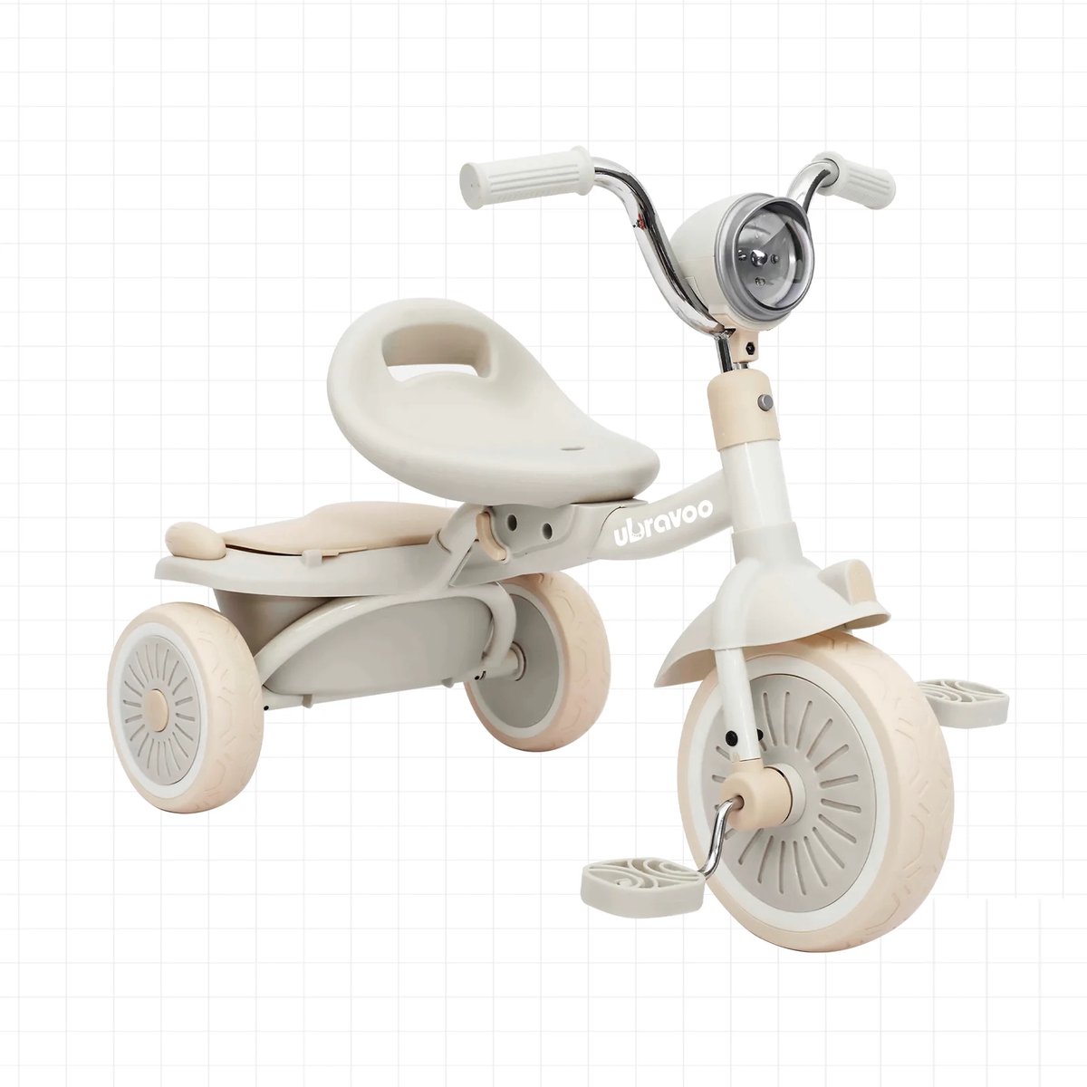 Ubravoo Baby Opvouwbare Driewieler Trike Met Pedalen, Unieke Pu Wielen Met Elasticiteit Schokabsorberend Cremeberend Effect, Koele Lichten, 1-5 Jaar White Creme