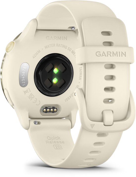 Achterkant van een gouden smartwatch met wit bandje. Toont sensoren en Garmin logo.