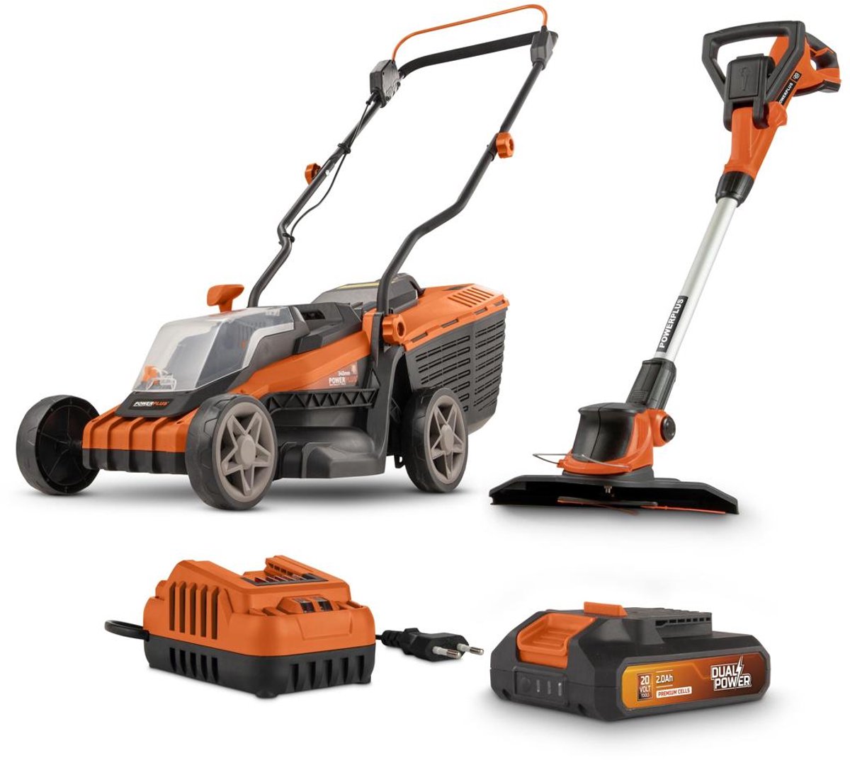 Dual Power Accu-grasmaaier en grastrimmer POWDPG75567 - Grasmaaier van 20 V en 340 mm Ø en grastrimmer van 20 V en 240 mm Ø, met accu en lader