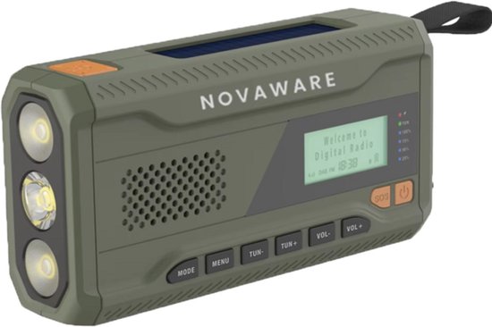 NovaWare® Noodradio Solar Opwindbaar - Powerbank Zonneenergie met 4600mAh - DAB+/FM - Noodpakket - Bluetooth speaker - Draagbare Radio – Batterij - Groen