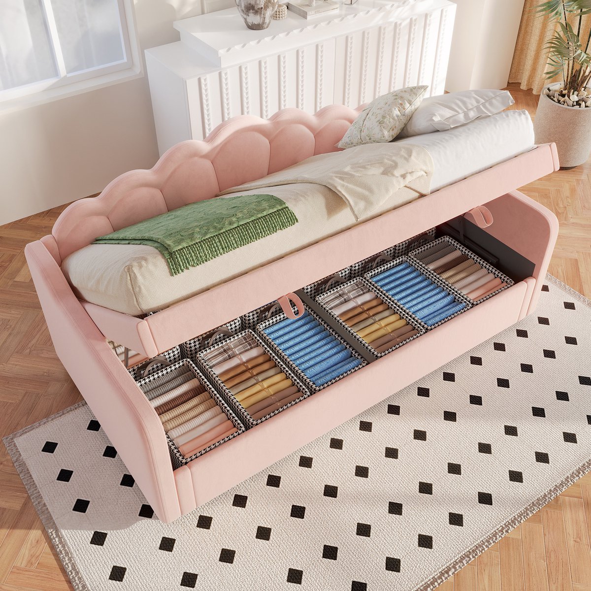 Dagbed - slaapbank - hydraulisch bed - eenpersoonsbed - zonder matras - fluweel - van kleur verwisselbare LED-strip - 90x200cm - Roze