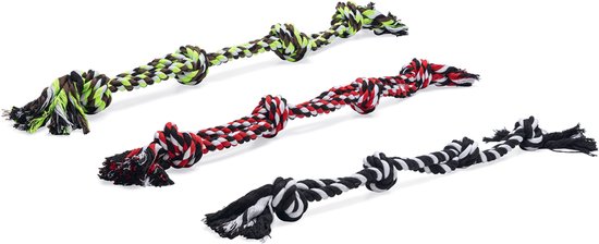 Drie touwspeeltjes voor honden in verschillende kleuren: groen/bruin/zwart/wit, rood/zwart/wit, zwart/wit. Elk met meerdere knopen en rafels.