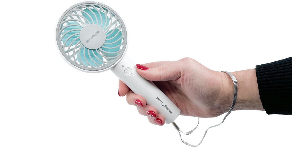 STYLIES Ventilator Lacerta - Mobiele ventilator / Handventilator on the go! - 3 Snelheden - 5W - Zaklampfunctie + Batterij - Wit/Blauw