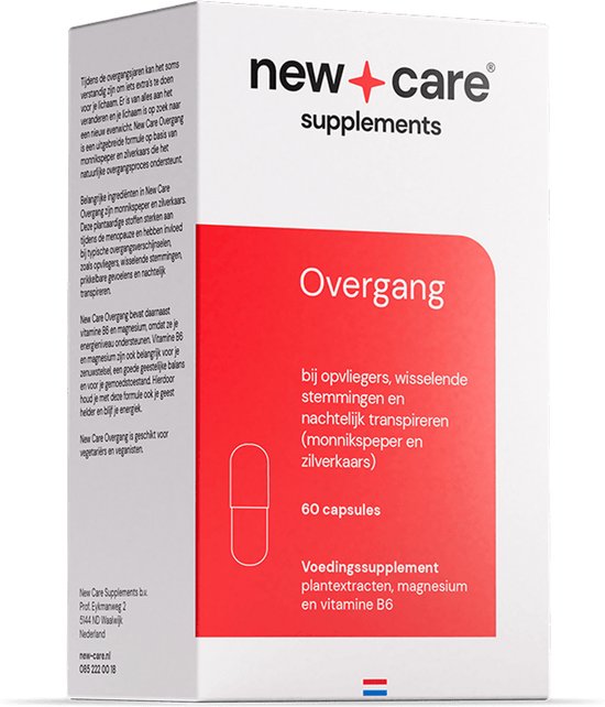 Doos voor New Care Overgang supplementen met 60 plantaardige capsules. De doos is wit met een rode band met de tekst "Overgang" en informatie over het product.
