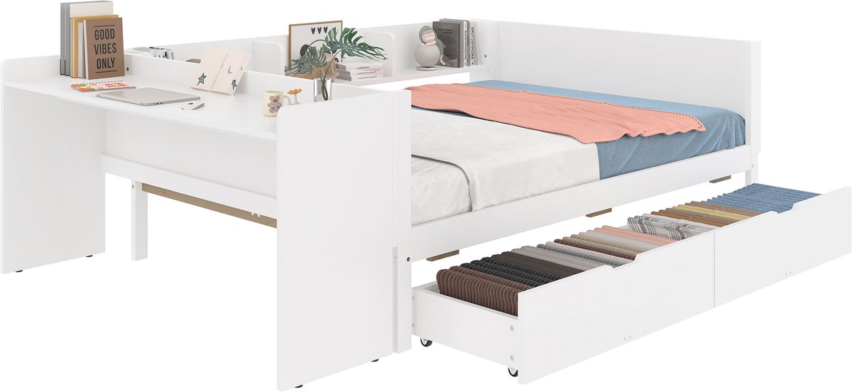 Plat bed - houten bed - 140x200cm - met bureau - voorzien van 2 lades - tweepersoonsbed - zonder matras - grenen spaanplaat - wit