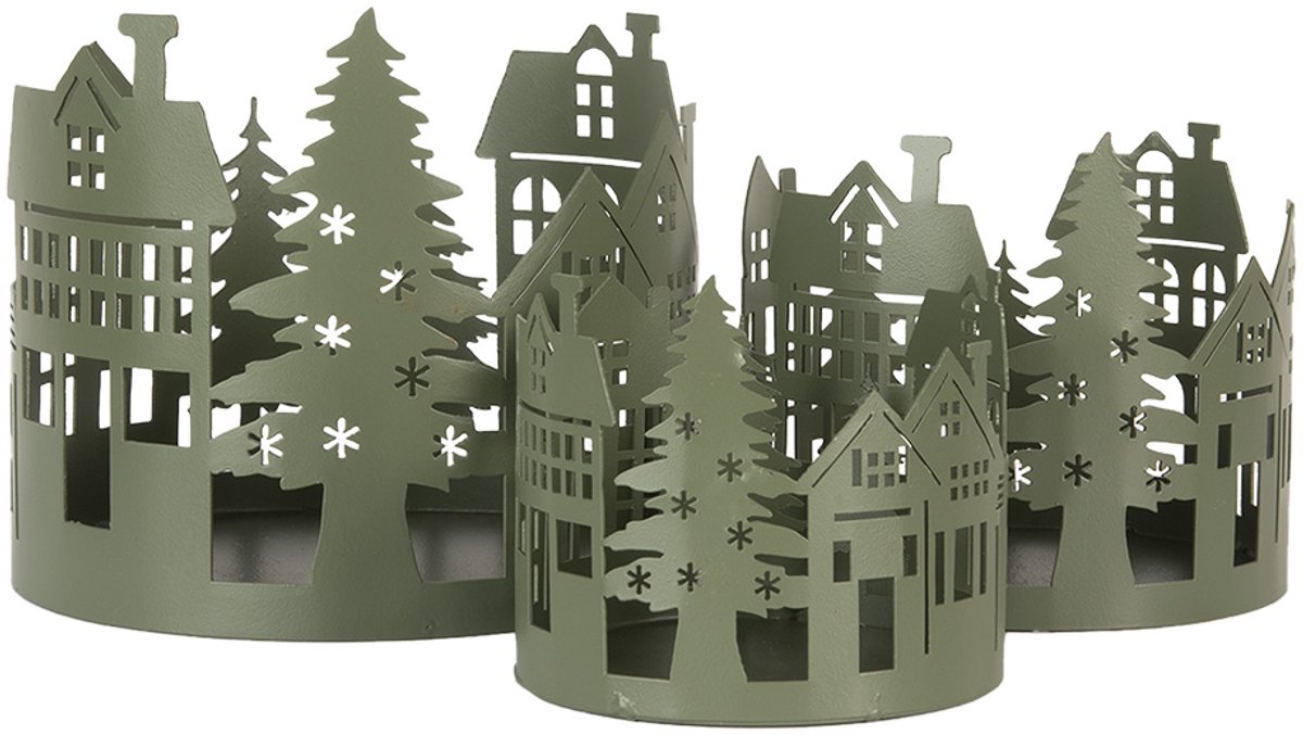 Decoratie Beeld Set van 3 Huis Ø 15 / Ø 12 /Ø 10 cm Groen Metaal
