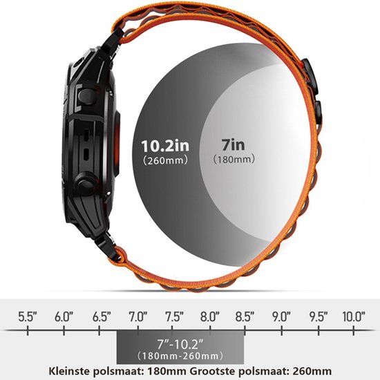 Zijprofiel van een zwart sporthorloge met oranje accenten en een elastische band, met maataanduidingen.