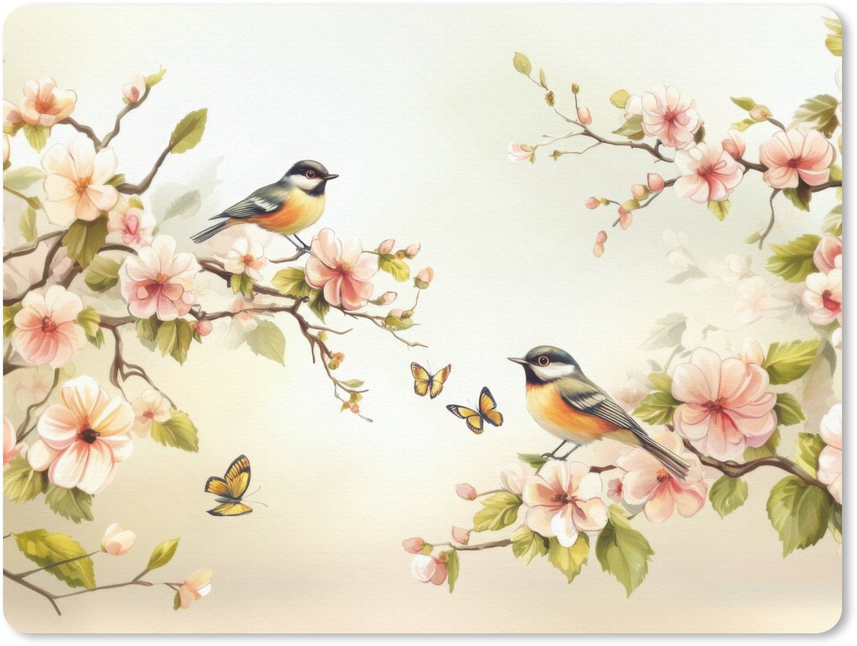 Muismat 23x19 cm - Mousepad Takken - Bloemen - Vogeltjes - Roze - Muismatten