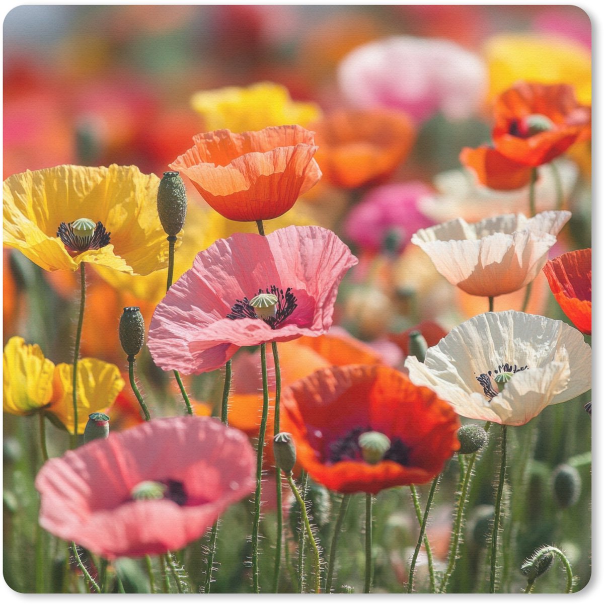 Muismat 20x20 cm - Mousepad Bloemenveld - Klaprozen - Kleurrijk - Muismatten