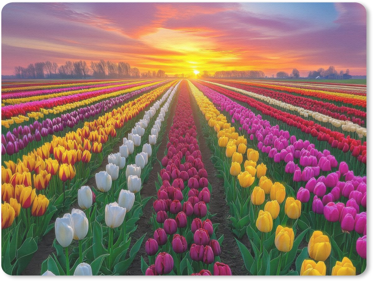 Muismat 23x19 cm - Mousepad Tulpenveld - Zonsondergang - Kleurrijk - Muismatten