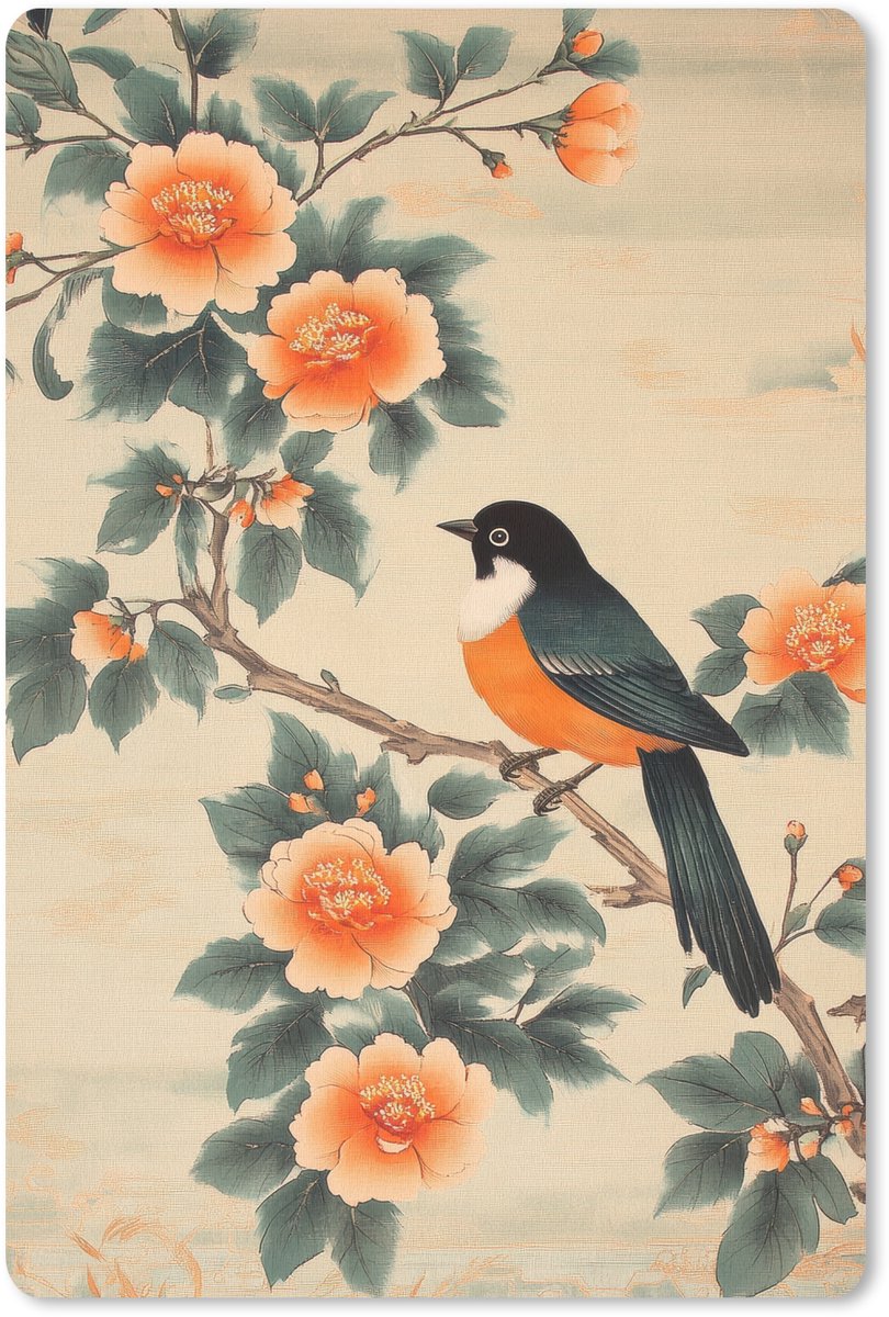 Muismat 18x27 cm - Mousepad Vogel - Tak - Bloemen - Oranje - Muismatten