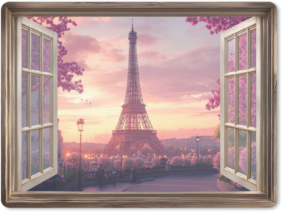 Muismat 23x19 cm - Mousepad Doorkijk - Parijs - Eiffeltoren - Roze - Kersenbloesem - Muismatten