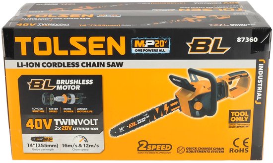 Tronçonneuse sans fil Tolsen Brushless Industrial - 20 V Li-ion - 1 000 W - Longueur de la lame : 355 mm - Vitesse de la chaîne : 6 m/s et 12 m/s - Avec 2 batteries de 4,0 Ah et 1 chargeur rapide