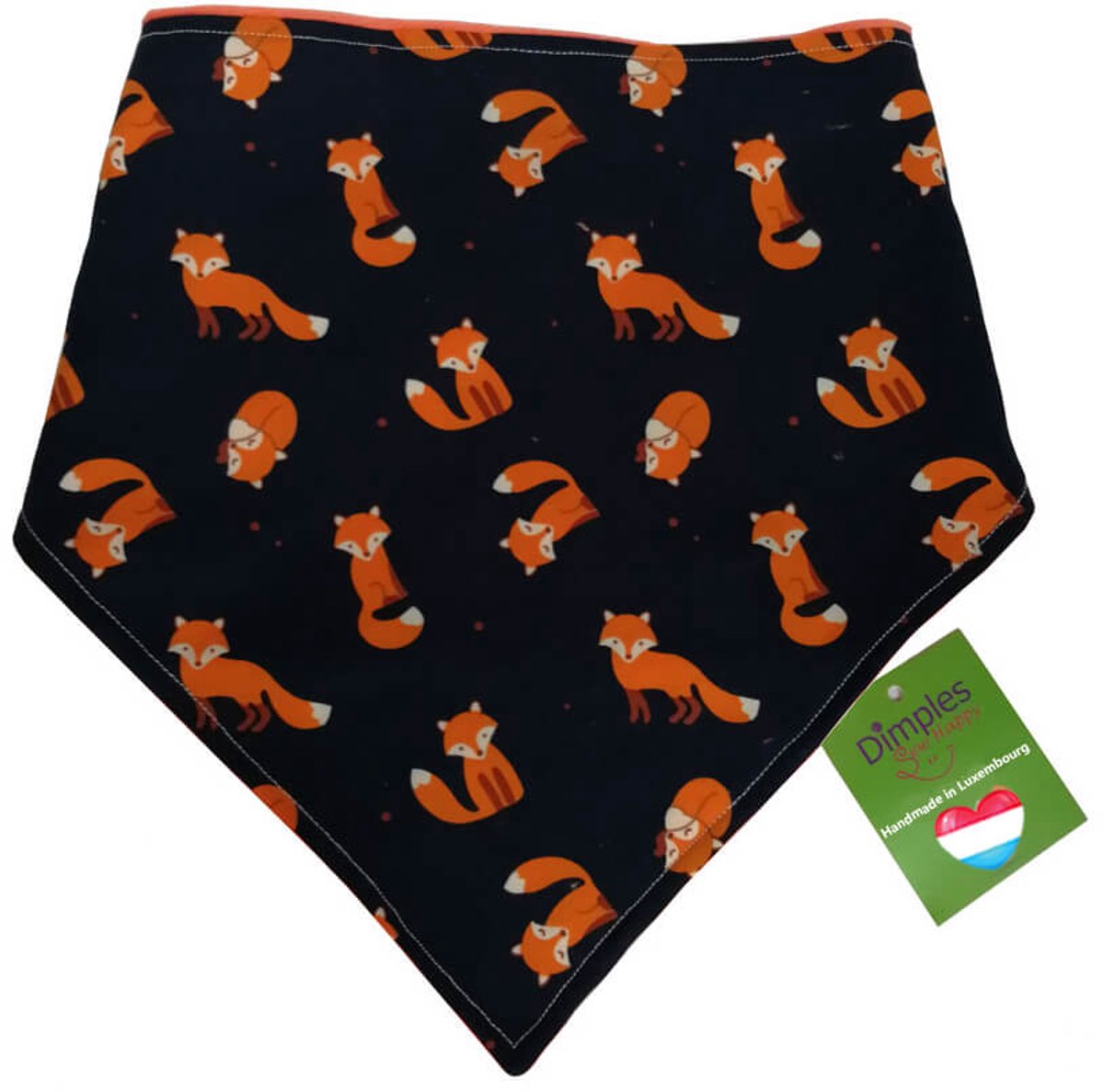 Donkerblauwe hondenhalsdoek met oranje vossen - DIMPLES 30cm XXS hondensjaal hondenbandana met comfortabele drukknopen