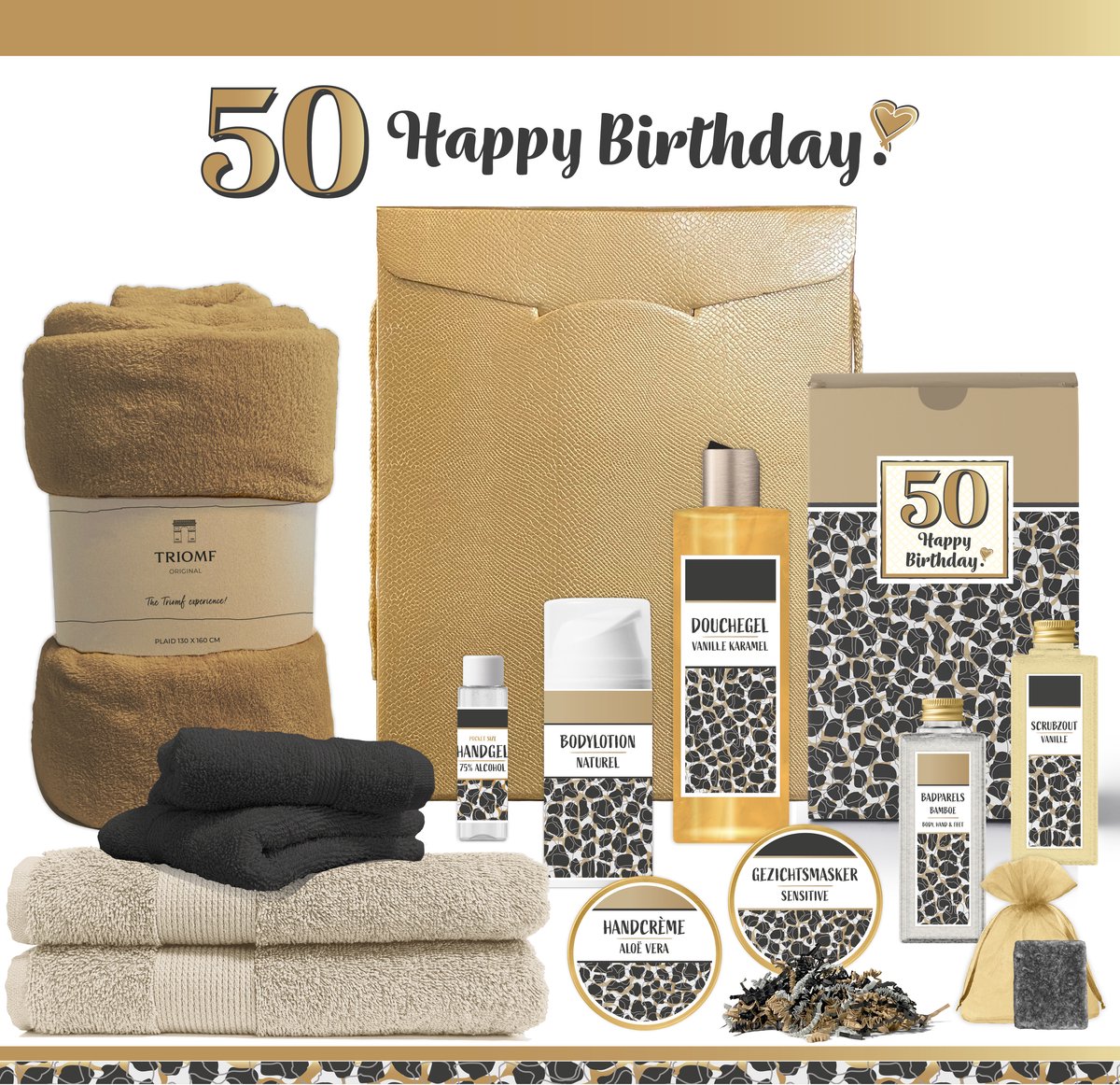 Goedkoopste Geschenkset “50 Jaar Happy Birthday!” - 13 producten - 1910 gram | Giftset voor haar - Luxe wellness cadeaubox - Cadeau Vrouw Vijftig jaar - Gefeliciteerd - Gift Set Verjaardag - Geschenk Pakket - Cadeaupakket - Verjaardagscadeau - Panter Zwart Goud
