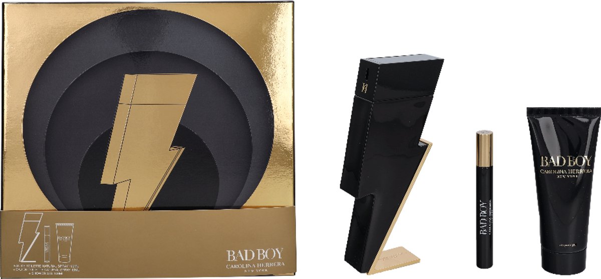Carolina Herrera Bad Boy Giftset - 100 ml eau de toilette spray + 10 ml eau de toilette tasspray + 100 ml showergel - cadeauset voor heren