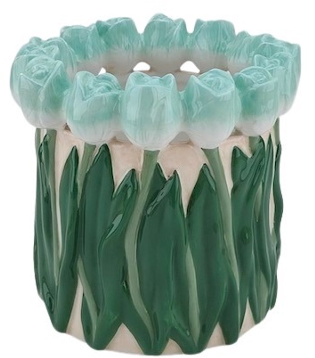 Housevitamin Vaas- Bloemen Vaas met Tulpen rand - Dolomiet - Licht Groen/ Groen- 17x17x16cm