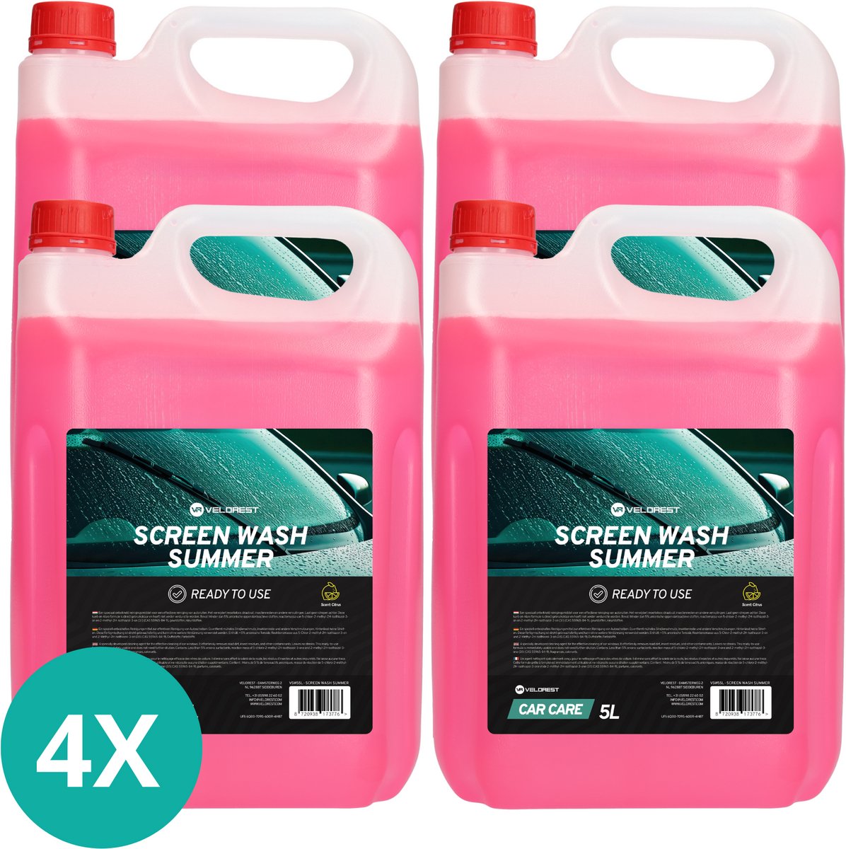 Velorest Screen Wash - Ruitensproeiervloeistof Zomer - Ruitenvloeistof Auto - 5L 4-pack