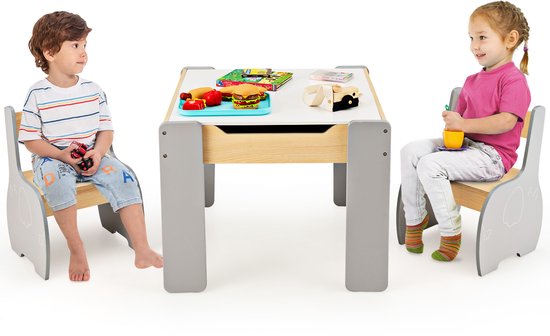 COSTWAY Kindertafel met 2 stoelen, 3-delige kinderzitgroep van hout met omkeerbaar en afneembaar tafelblad, schildertafel voor kinderen met opbergruimte, kindermeubel, zitgroep voor kinderen vanaf 3