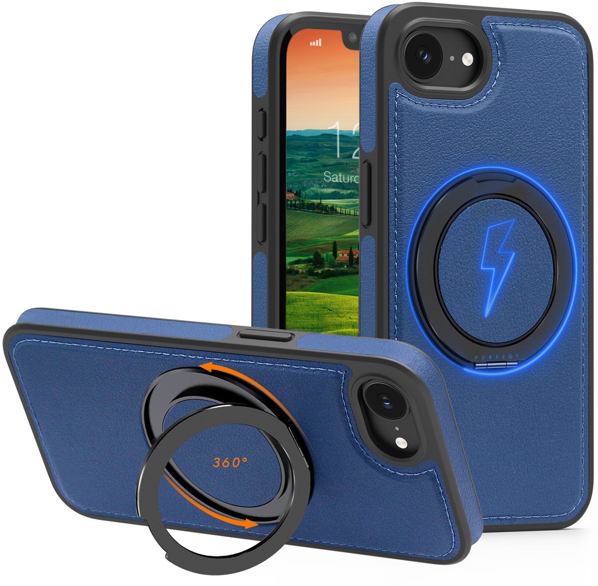 Perfeqt hoesje geschikt voor iPhone 17e & 16e leren BackCover met 360° Kickstand & Keyring houder - Royal Blue