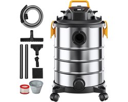Nat-/droogzuiger voor werkplaatsen, 30 l, 6 pk, roestvrij staal, krachtige zuig- en blaasfunctie, draagbaar met opzetstukken, ideaal voor tapijten en vuil, zilver + zwart