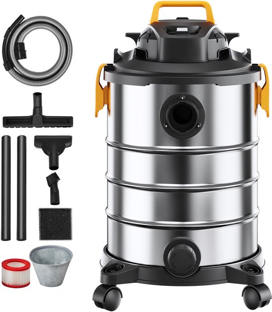 Nat-/droogzuiger voor werkplaatsen, 30 l, 6 pk, roestvrij staal, krachtige zuig- en blaasfunctie, draagbaar met opzetstukken, ideaal voor tapijten en vuil, zilver + zwart