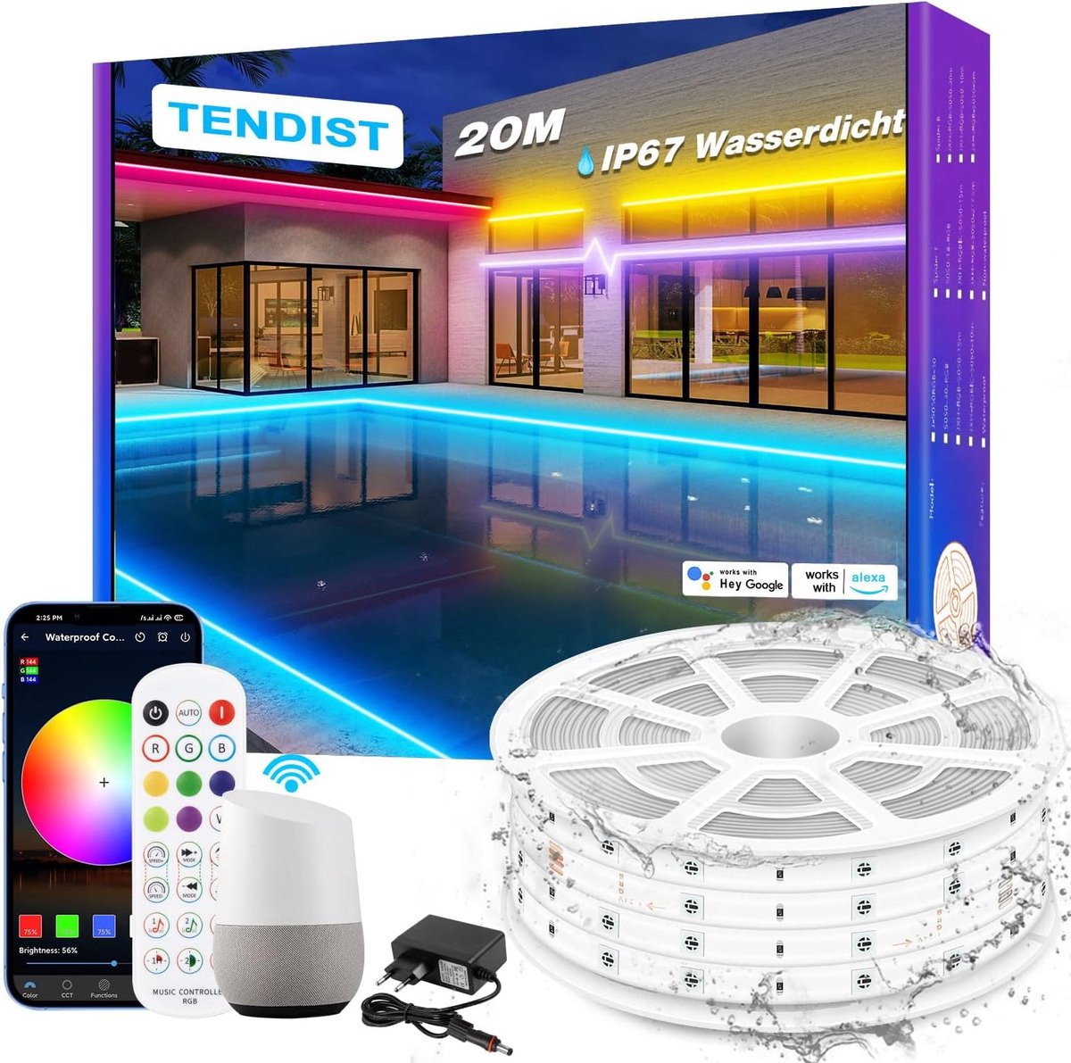 Image of 20 m waterdichte RGB LED strip voor buiten - IP67, 24V, muziek synchronisatie, Alexa compatibel