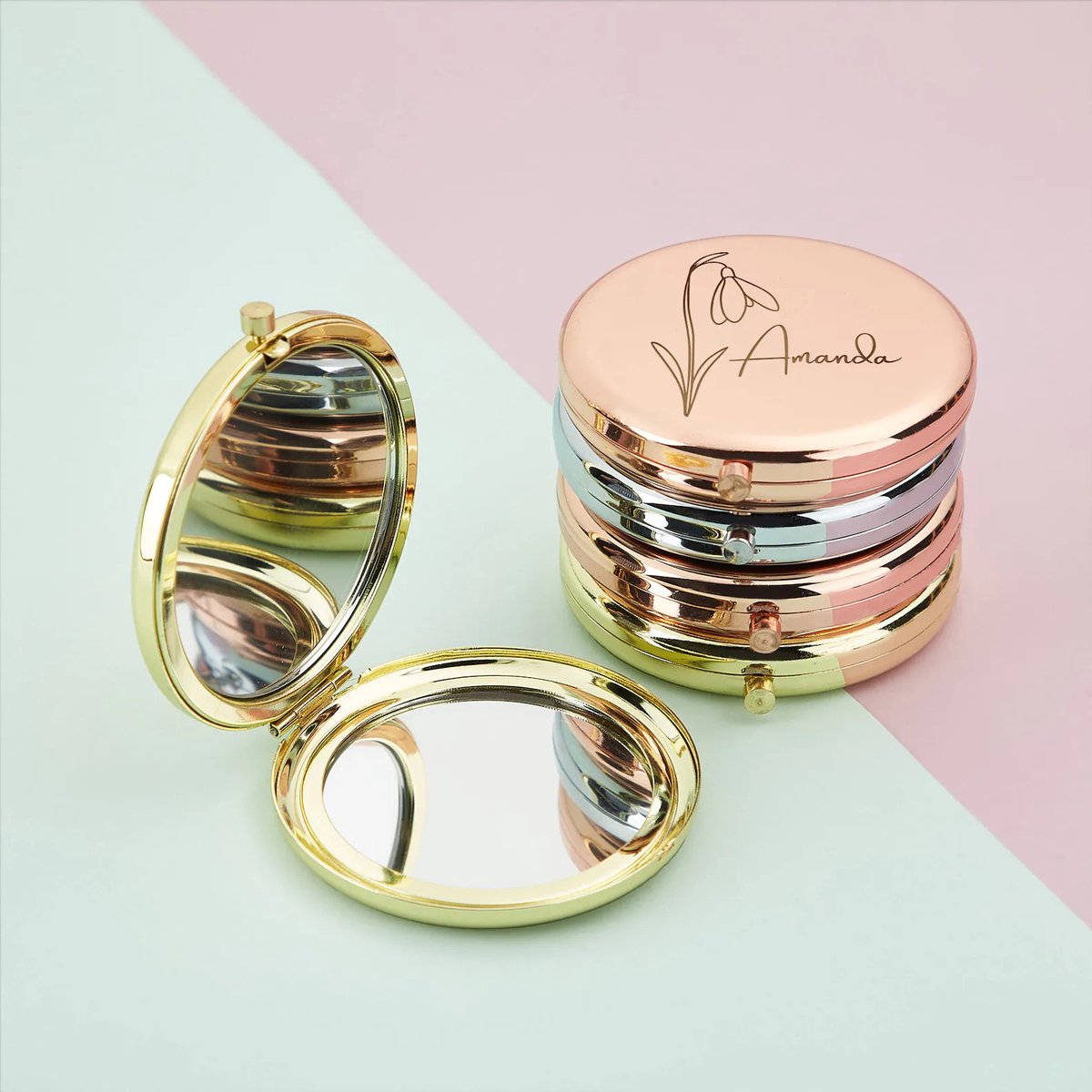 Compacte spiegel,Zilver Moederdagcadeaus voor haar, moeder, cadeau bruidsmeisje, verjaardag, bruidsdouchecadeau, zakspiegel met gegraveerde geboortebloem