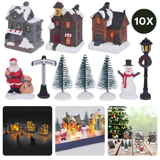 Cheqo® Kerstdorp Set - Kersttafereel - Verlichte Kersthuisjes - Kerst Decoratie - 10-Delig - Werkt op Batterijen