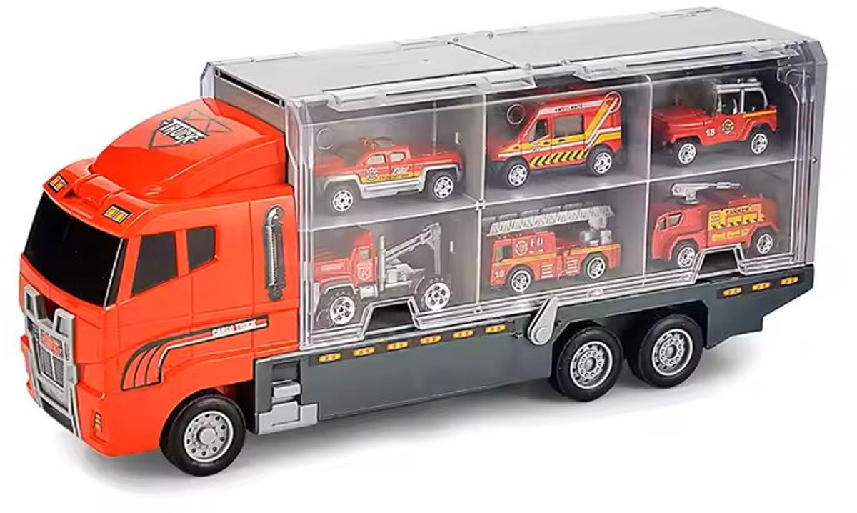 Goodz4All Speelgoed Brandweer Vrachtwagen Brandweerauto Auto met 6 Mini Autootjes - Transportwagen met 6 Miniatuur Auto’s Ziekenwagen Takelwagen Kiepwagen Pick Up Truck Brandweerwagen - Trailer Constructie Autotransporter met Kleine Autootjes — afbeelding 2