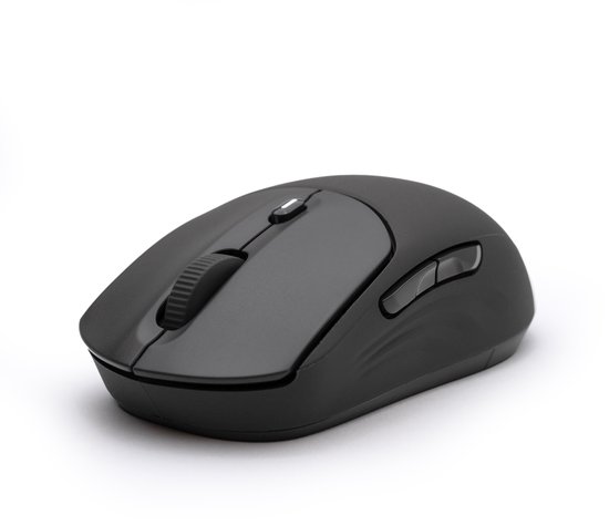 Grijze HP muis met scrollwiel en zijknop, van de zijkant gezien.