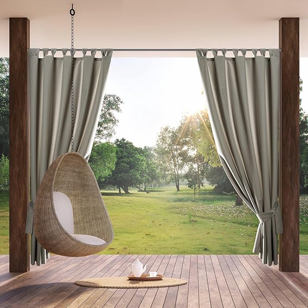 Famanu - Tuingordijn met lusgordijn, 1 stuks, afneembare lussen, zonwering, inkijkbescherming, winddicht, waterdicht, voor paviljoen, terras, pergola, 155x220 cm, cappuccino