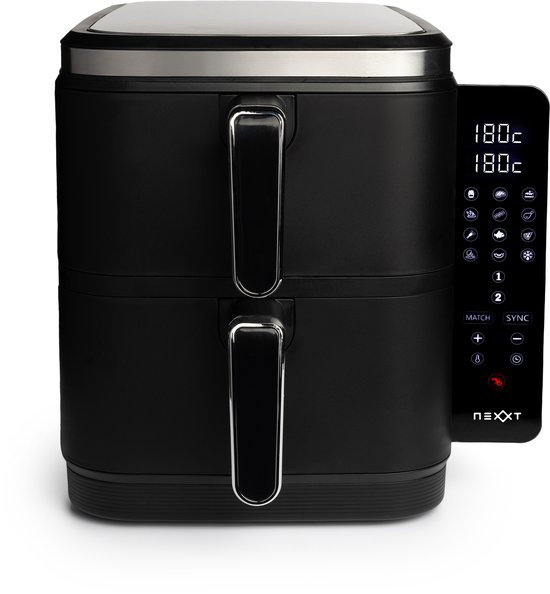 Foto: Nexxt double stacked airfryer met 12 kookprogramma s dubbele heteluchtfriteuse 5 5 5 5 liter 11 liter gestapeld opvouwbaar display zwart