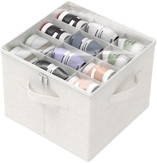 Witte textiel opbergdoos met transparant deksel, gevuld met 12 paar schoenen, verdeeld in vakken.