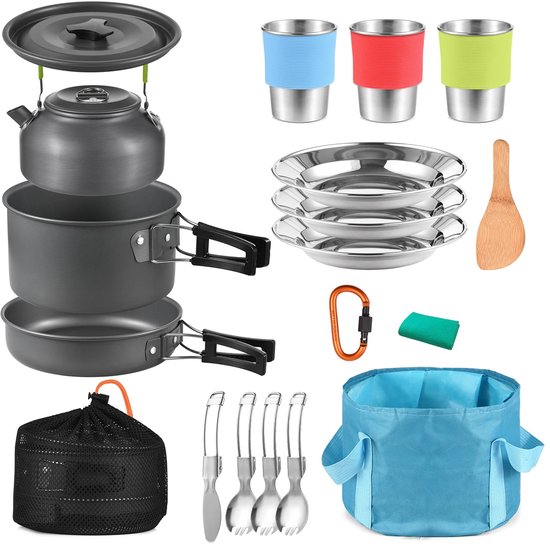 Camping Pannenset - Camping Kookgerei - Serviesset - Picknick Set - 3 Personen - Alles in 1 Set - Beker - Bord - Bestek - Pannen - Ketel — afbeelding 4