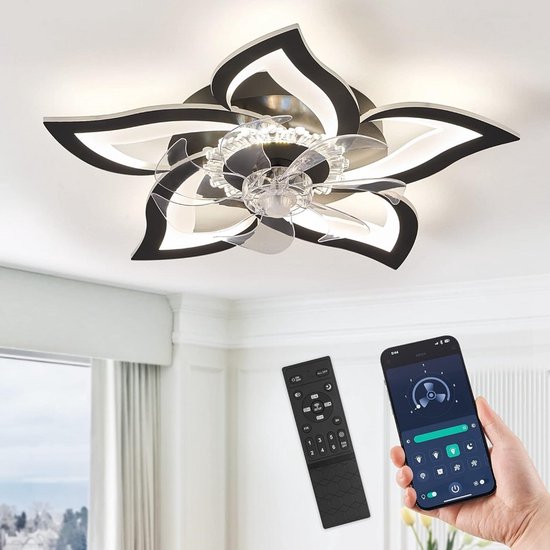 Chandelix - Plafond Ventilator Lamp - 55 CM - Smart Lamp - 6 Standen - Dimbaar - Zwart - Kroonluchter Ventilator - Chandelier Fan - Woonkamer Lamp - Ventilator Lampen - Eetkamer lamp - Slaapkamer lamp