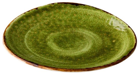 Driehoekig groen bord met bruine rand, 17 cm
