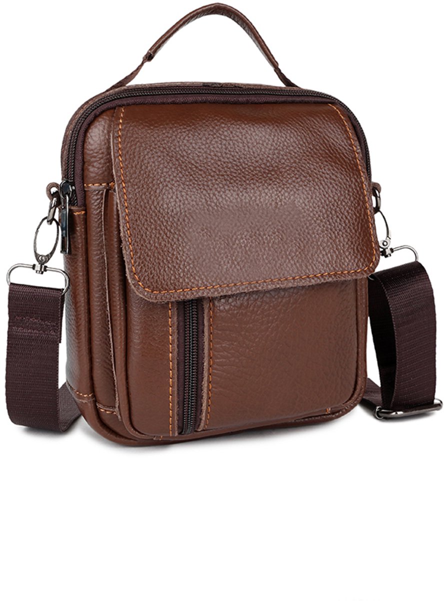 Heren Tas Leer Met Ritssluiting En Schouderband, kleur BRUIN