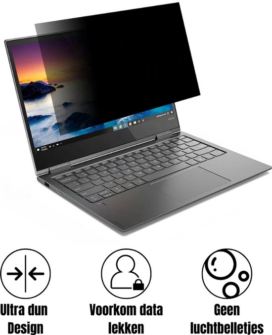 Zwart privacyscherm op een zilverkleurige laptop met grijze toetsen en beeldschermtekst 'Ultra dun Design'.