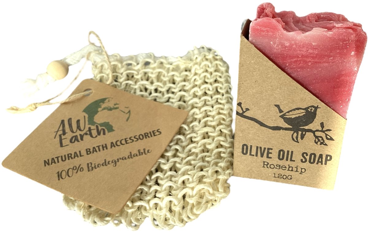 Agnes + Cat Rosehip Rozenbottel Rozen Zeep - Olijfoliezeep + Sisal zeepzakje - Inclusief verzenden - Zeeptablet - Zeepblok - Zeepblokje - Handgemaakt - Mild - Zeepnetje - Zeepzakje - Kado - Kadootje - Cadeau -Cadeautje