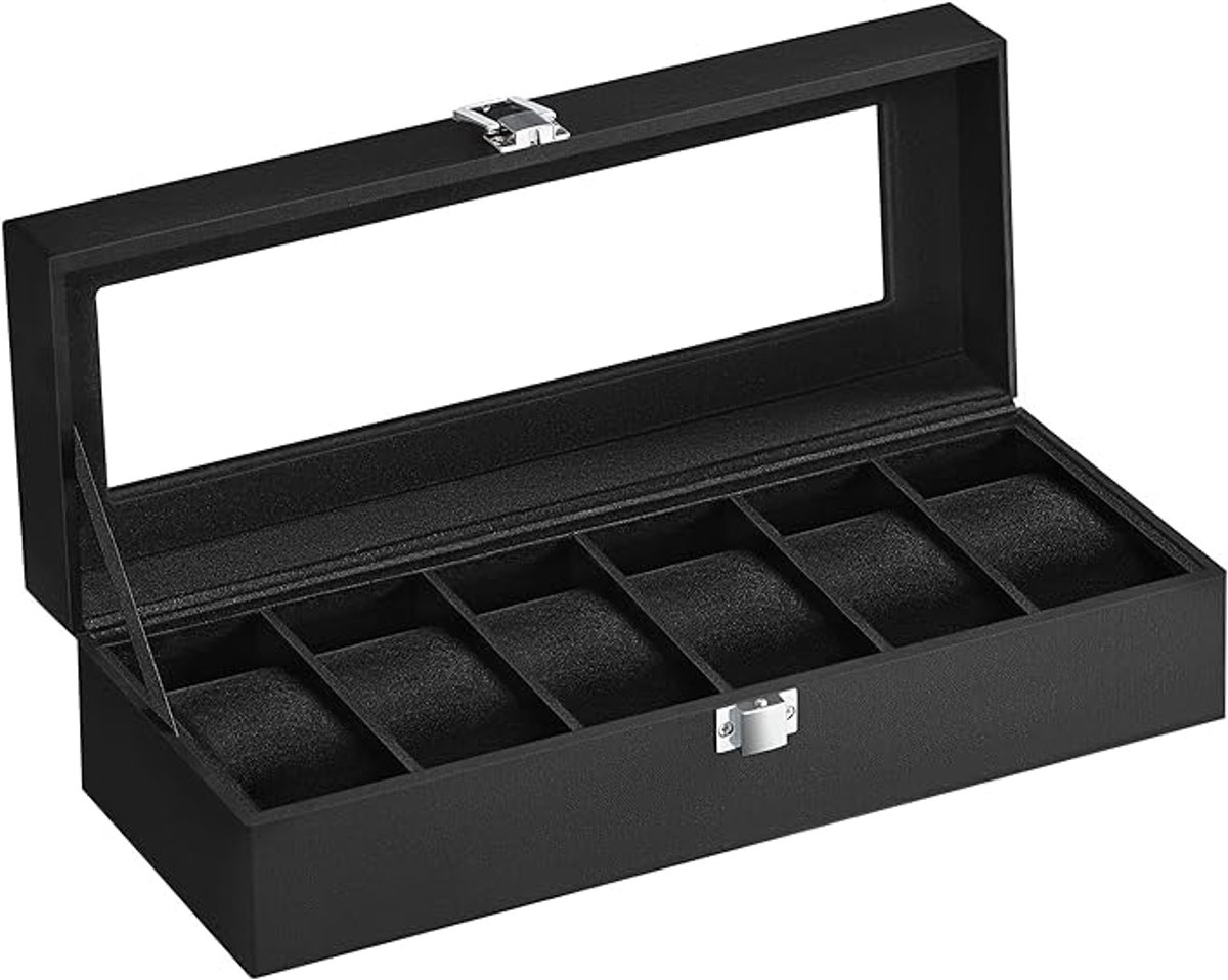 Famanu Horlogedoos met 6 vakken, horlogedoos, glazen deksel, afneembare pads, metalen slot, zwarte coating en zwarte voering