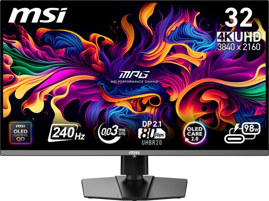 MSI MPG 322URX QD-OLED - 4K UHD Gaming Monitor - 240hz - 32 inch - USB-C PD 98W - DisplayPort 2.1