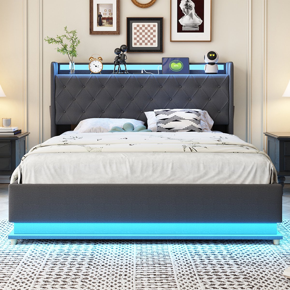 Pugsdrly Tweepersoonsbed Volwassen bed LED bed 140x200 cm met USB oplaadpoort en hydraulische ondersteuning linnen Grijs