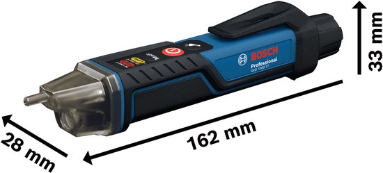 Blauwe en zwarte Bosch Professional GVD 1000-17 spanningstester met afmetingen 162 mm lengte, 33 mm breedte, 28 mm diepte.