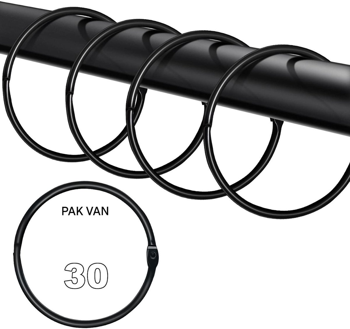 30-Stuks Douchegordijnringen - Douchegordijnhaken - Ronde Snap Douchegordijnhaken - Metalen Douchegordijnringhaken - Geschikt voor Douchegordijnstangen, Badkamerdouchestangen - Decoratieve Accessoires - Zwart