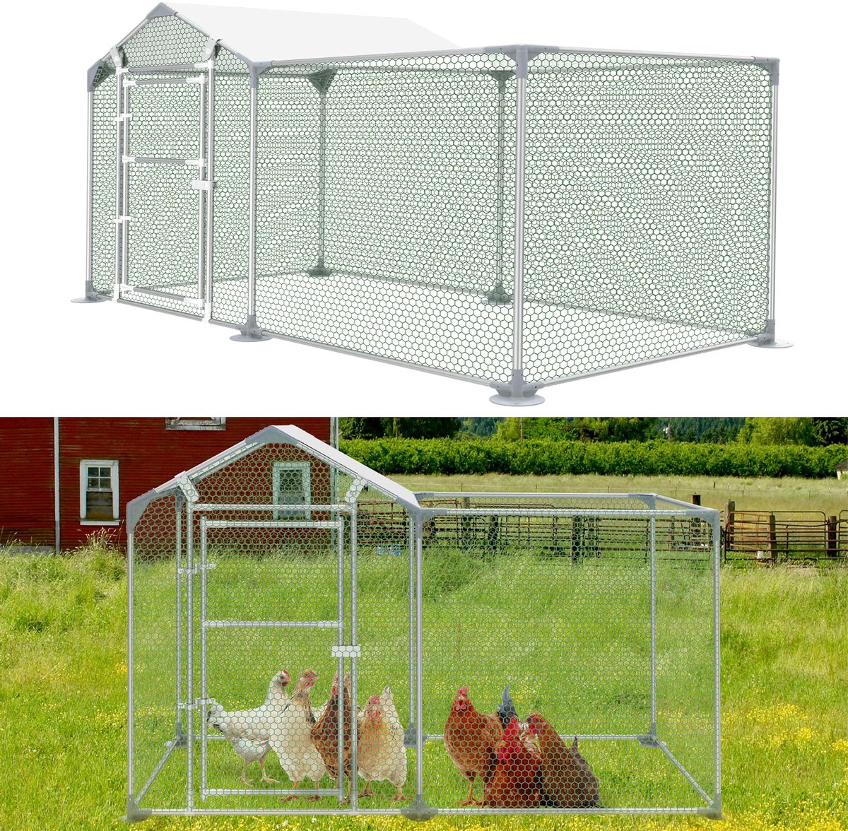 Aufun Kippenren - Kippenhok metaal - Kippenverblijf 2x1x1.5m - met vrije loopruimte en slot- voor kippen, vogels & kleine dieren