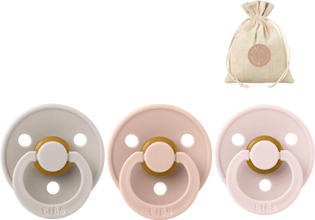 Image of 3 BIBS spenen rond maat 2: Mushroom, petal en blush + BolleToet speenzakje - fopspenen